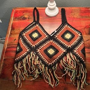 NWT V neck sweater crochet with fringe details. Size large